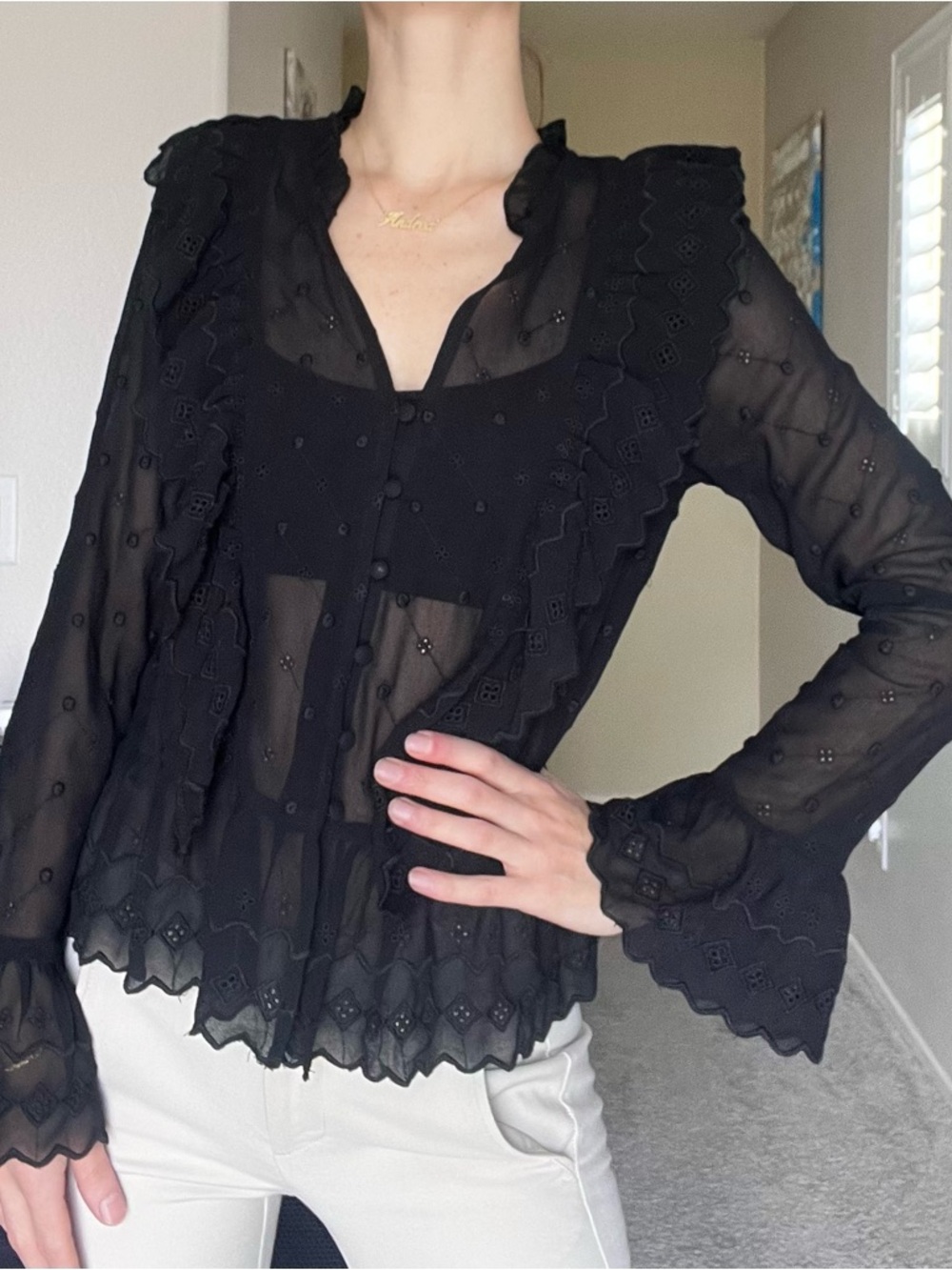 Black Sheer Ruffle Button-Front Blouse -